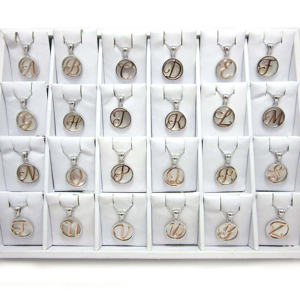 Sterling Silver Mother of Pearl Rosegold Plated Initial Necklace - Click Image to Close